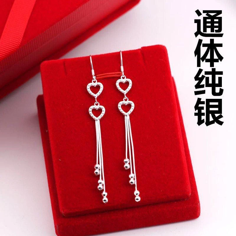 足银耳饰 纯银耳环女990双心气质流苏耳环韩版长款流苏耳坠防过敏