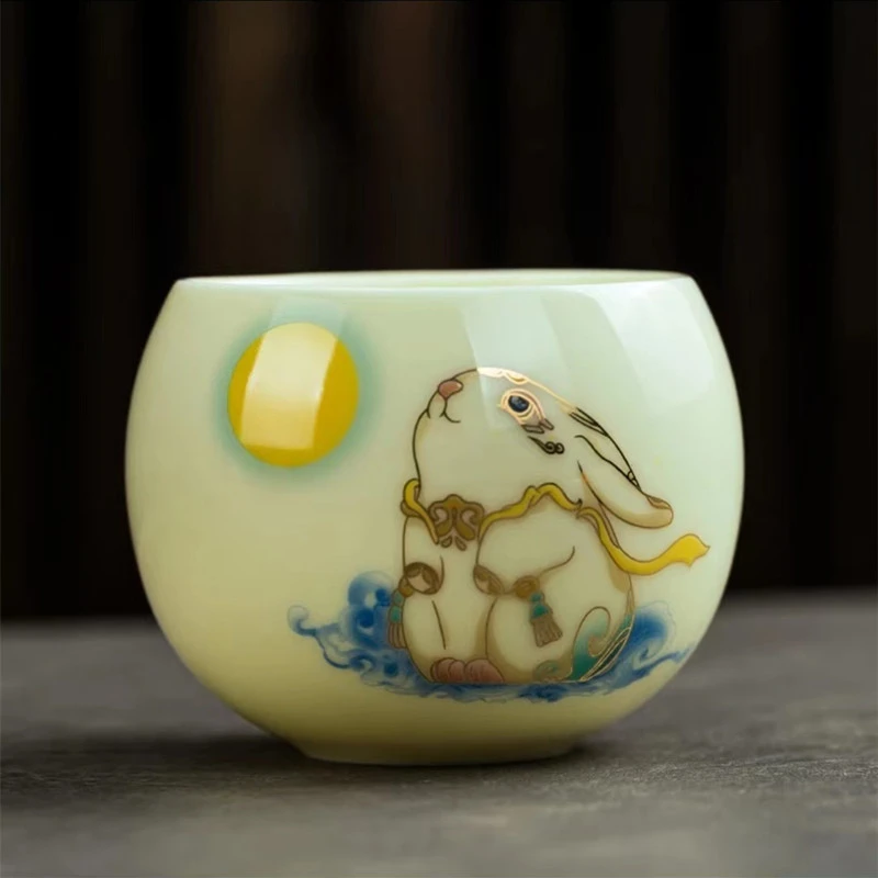 玉兔望月白瓷玉兔杯高端茶器主人杯送礼自用功夫茶器茶杯水杯