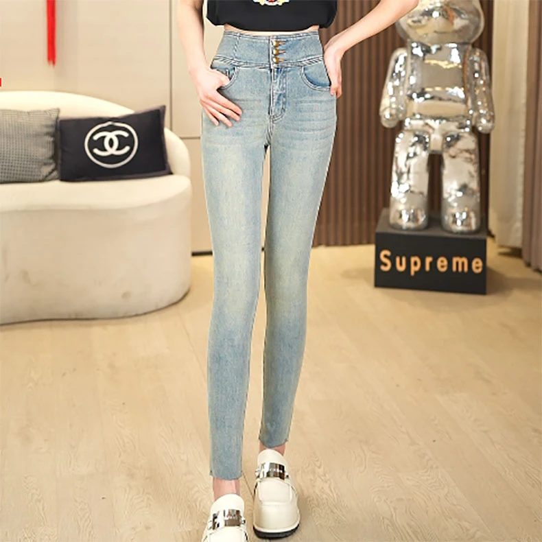 春秋款四面弹显瘦提臀小脚裤高腰紧身铅笔牛仔裤女