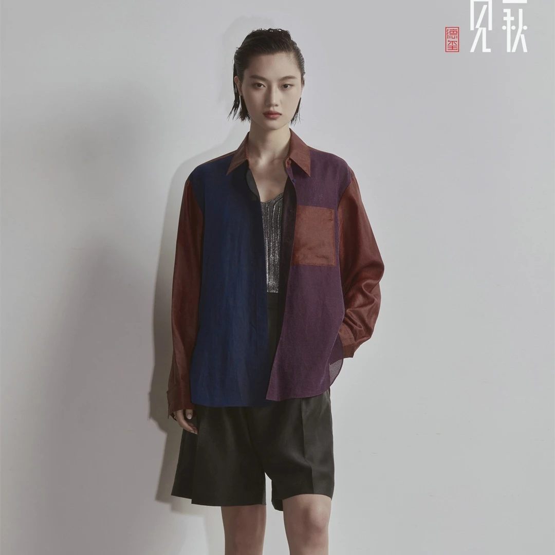 德玺见萩 香云纱彩莨拼接休闲长袖衬衫 QZWD2C140