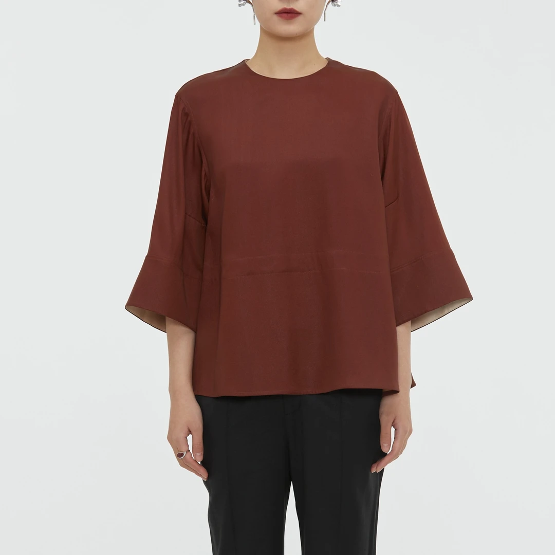 德玺见萩 红色重缎半莨圆领中袖上衣 QZWE2S152