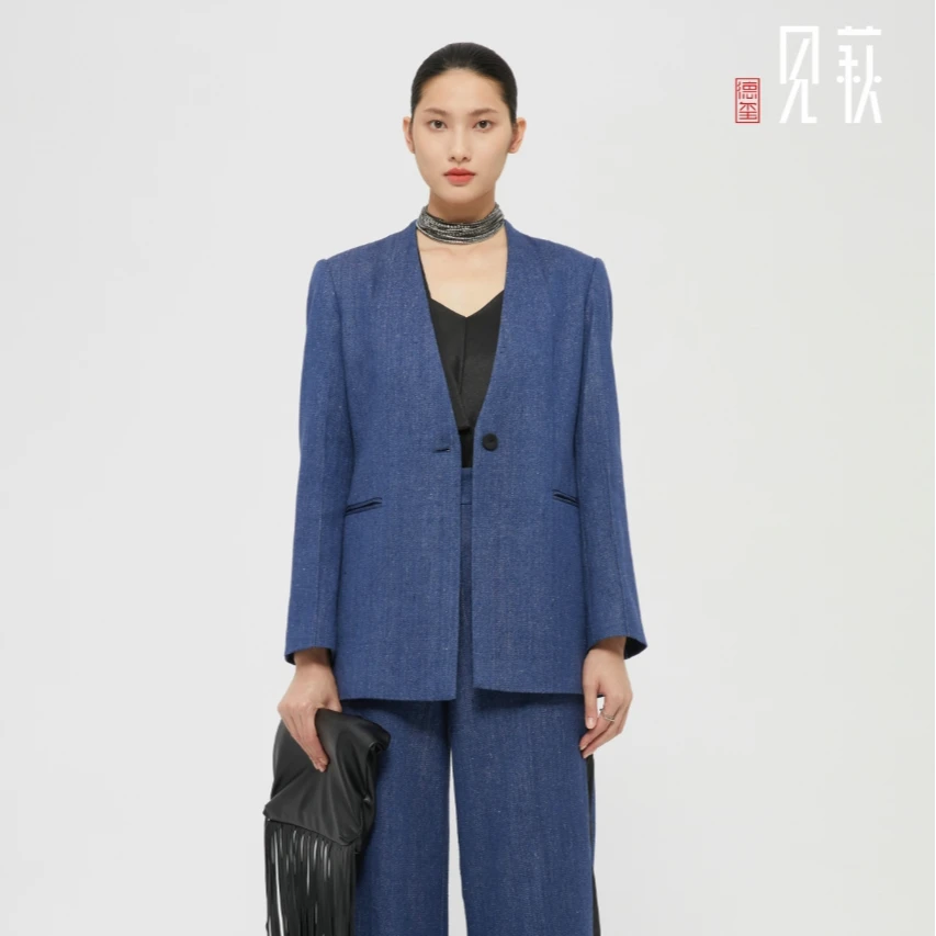 德玺见萩 藏蓝色柞蚕丝拼黑重磅香云纱牛仔外套（原2688）QZWD3W332