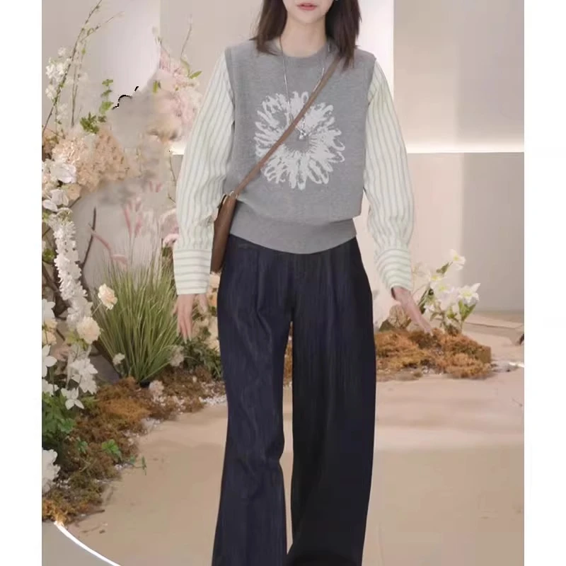 复古撞色时尚毛衣高级感衬衣袖拼接假两件针织衫小众印花上衣女秋