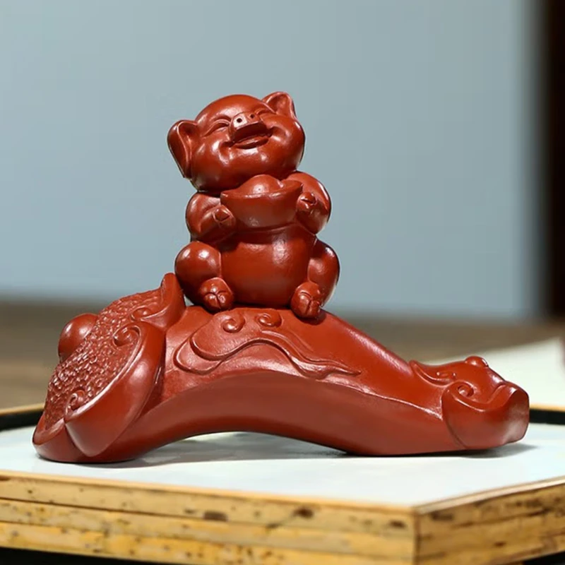 京峰阁茶宠大红袍泥如意猪紫砂全手工茶道配件茶桌茶室茶玩摆设