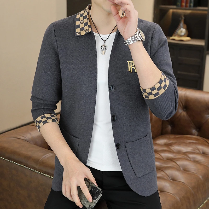 2024新款男士翻领开衫春秋毛衣男生潮流外套男装个性帅气薄款修身