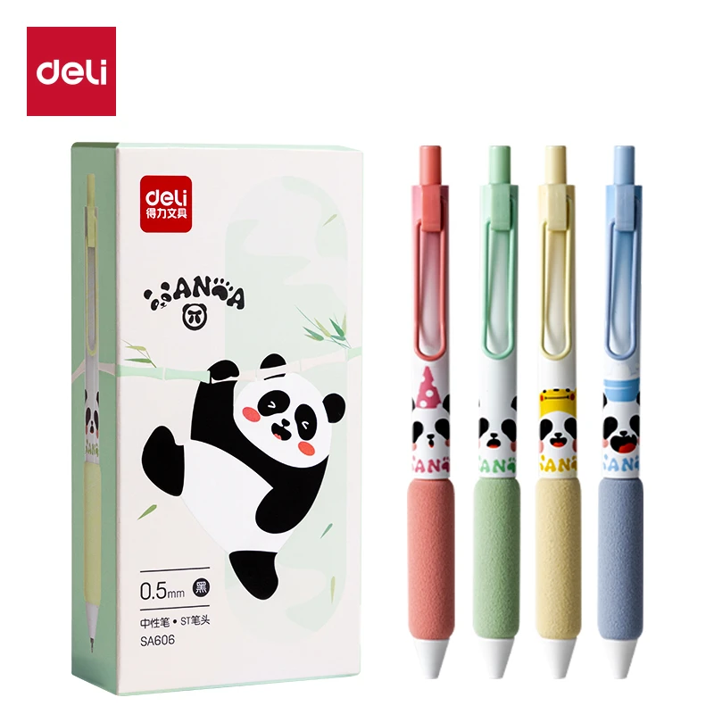 得力SA606熊猫按动中性笔0.5刷题笔学生专用ST笔头黑色速干签字笔