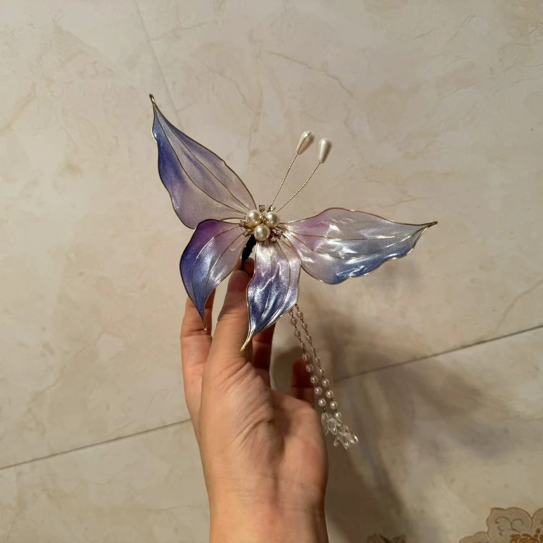 前尘梦汉服配饰古风大号造花液流苏小u紫色蝴蝶造花液