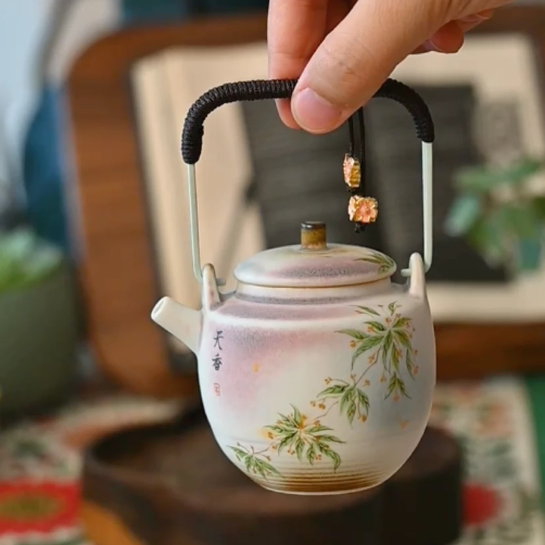 若木花李辉熠大师手作柴窑手绘粉汝提梁壶桂花壶竹节杯茶具