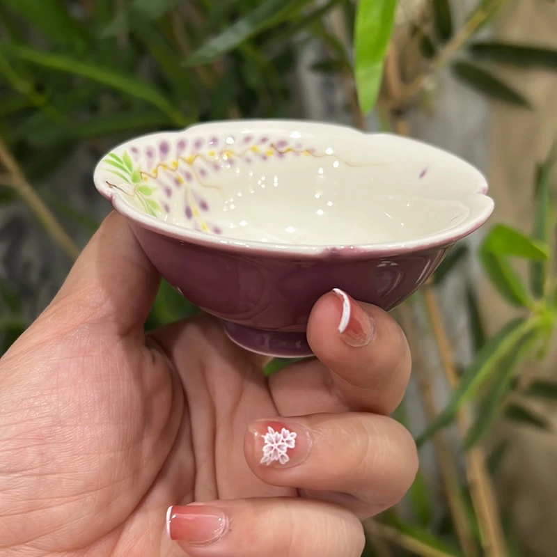 若木花手绘釉下彩紫藤花花口主人杯品茗杯枇杷彼岸花杯小清新
