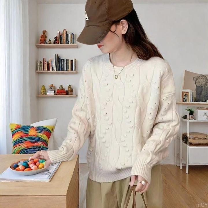 百搭流苏慵懒圆领麻花短款上衣宽松设计新款针织衫毛衣加厚内秋冬