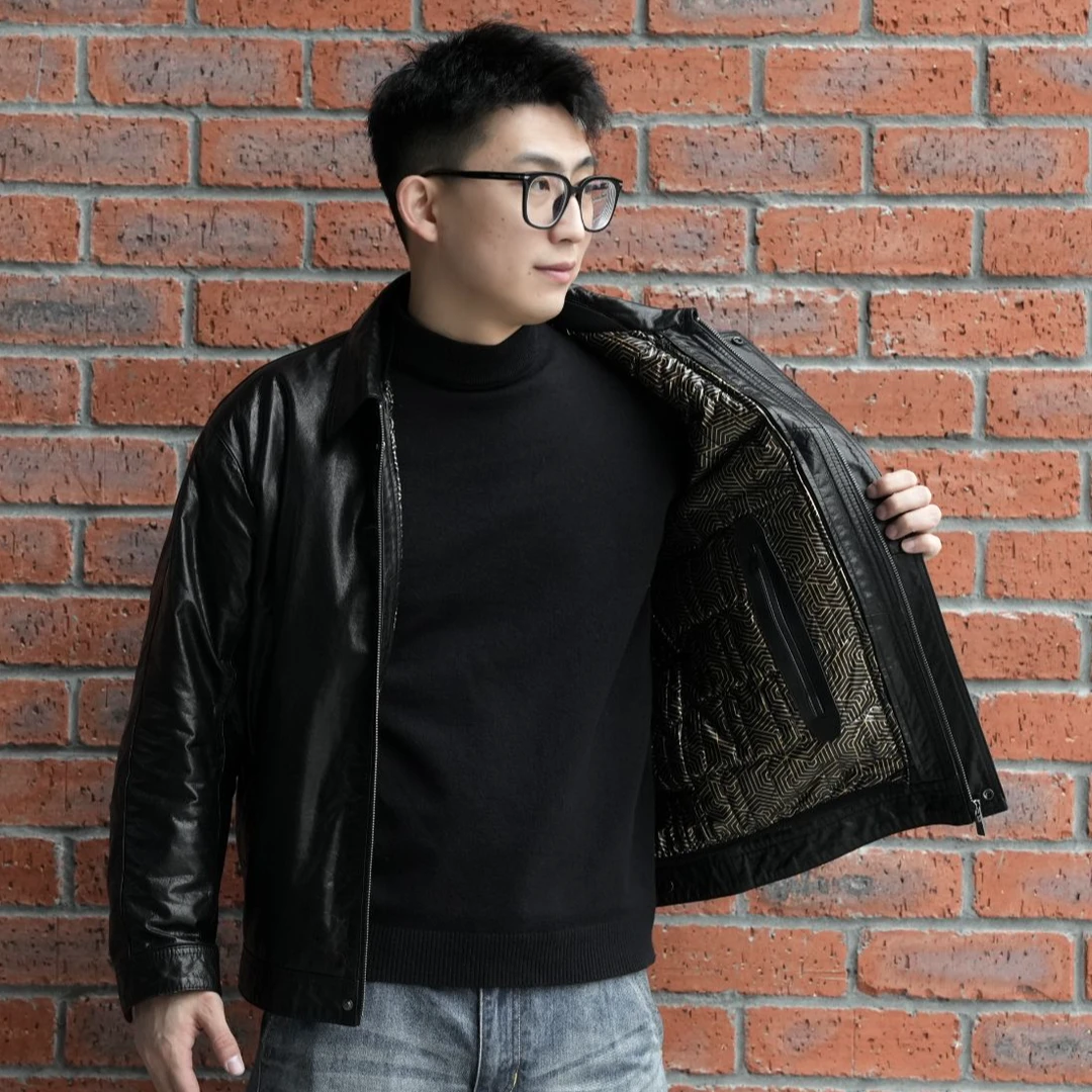 海宁男士头层小牛皮冬款飞行服皮夹克外套休闲宽松加厚内胆可脱卸