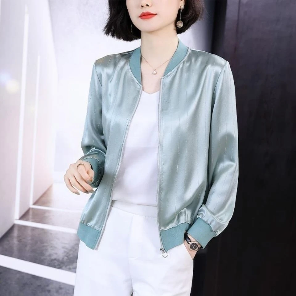 仿醋酸仿缎面条纹棒球服装女休闲夹克短外套【YWD】