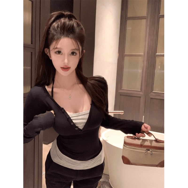 秋冬独特别致甜辣妹紧身短款假两件挂脖锁骨上衣打底衫女长袖t恤