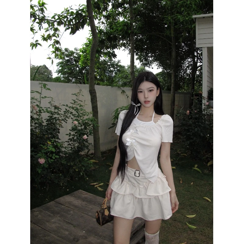 辣妹蝴蝶结吊带挂脖不规则短款上衣设计感夏季假两件短袖t恤女