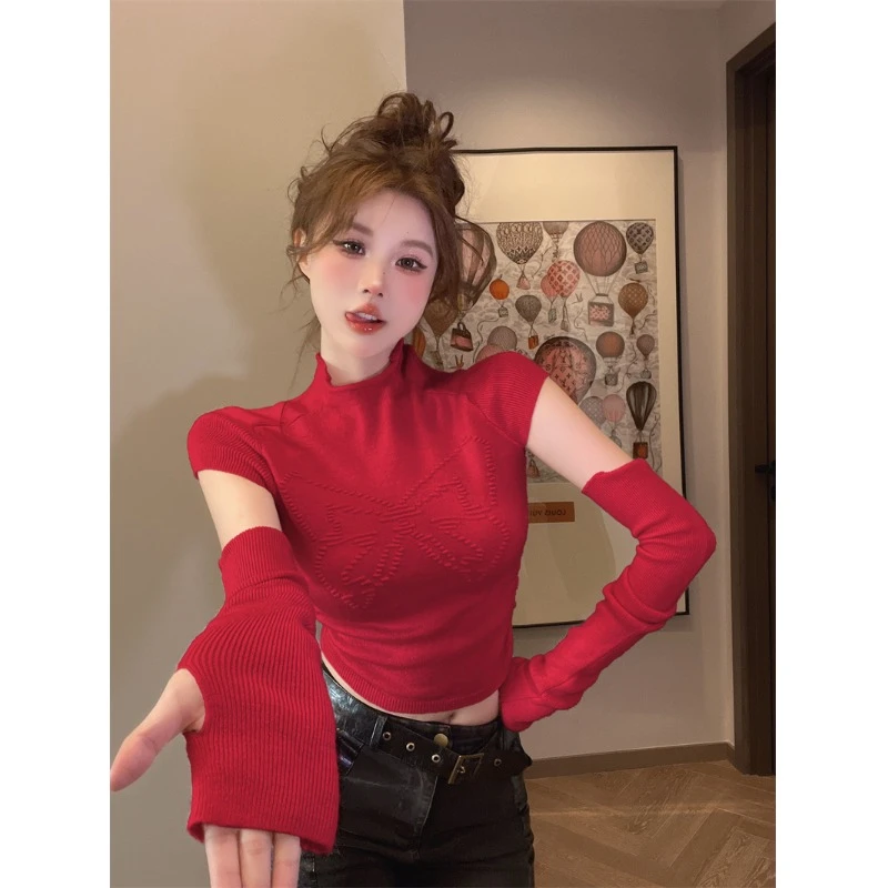 秋冬甜辣妹新年圣诞红色半高领毛衣针织打底衫女内搭镂空袖套上衣
