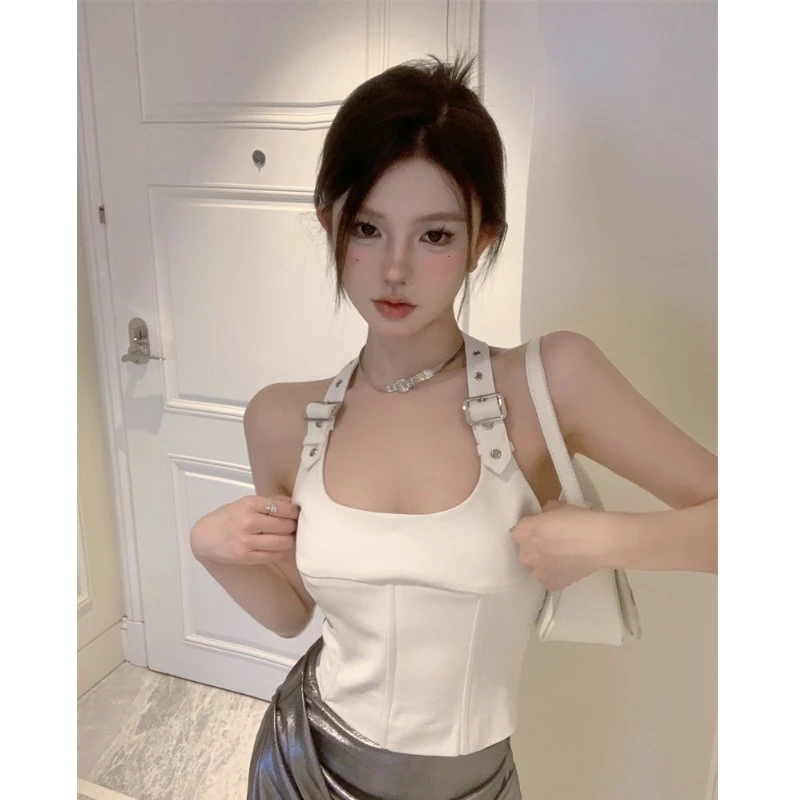 小吊带背心女夏外穿独特别致港风甜辣妹短款露脐挂脖鱼骨无袖上衣