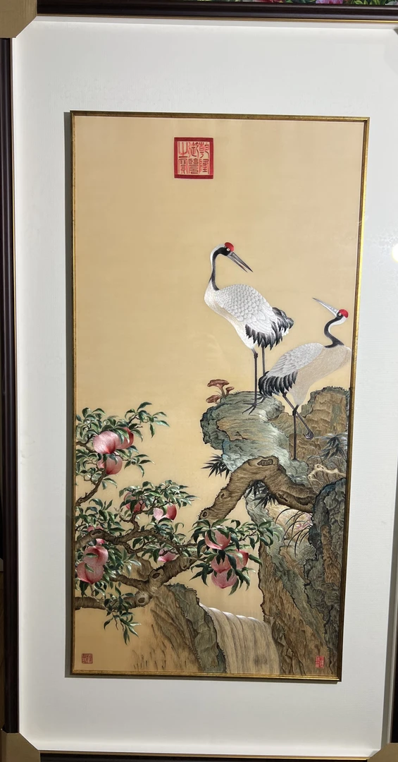 纯手工精品苏绣 仙鹤寿桃图 内50X100，外75x135cm