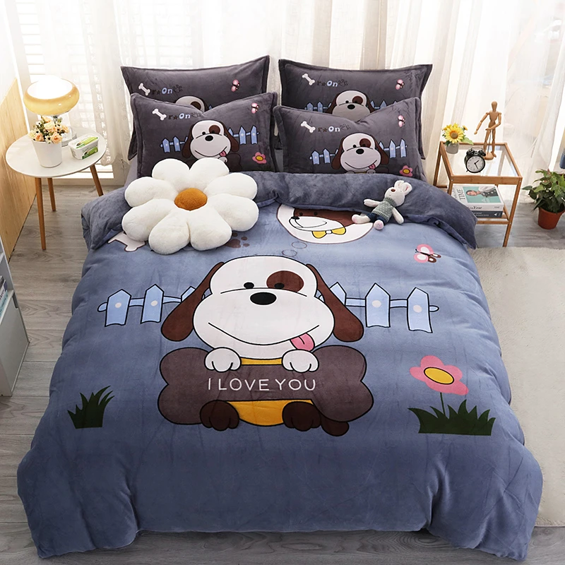 呆萌狗双面牛奶绒床上四件套加厚床品珊瑚法兰绒被套床单人三件套