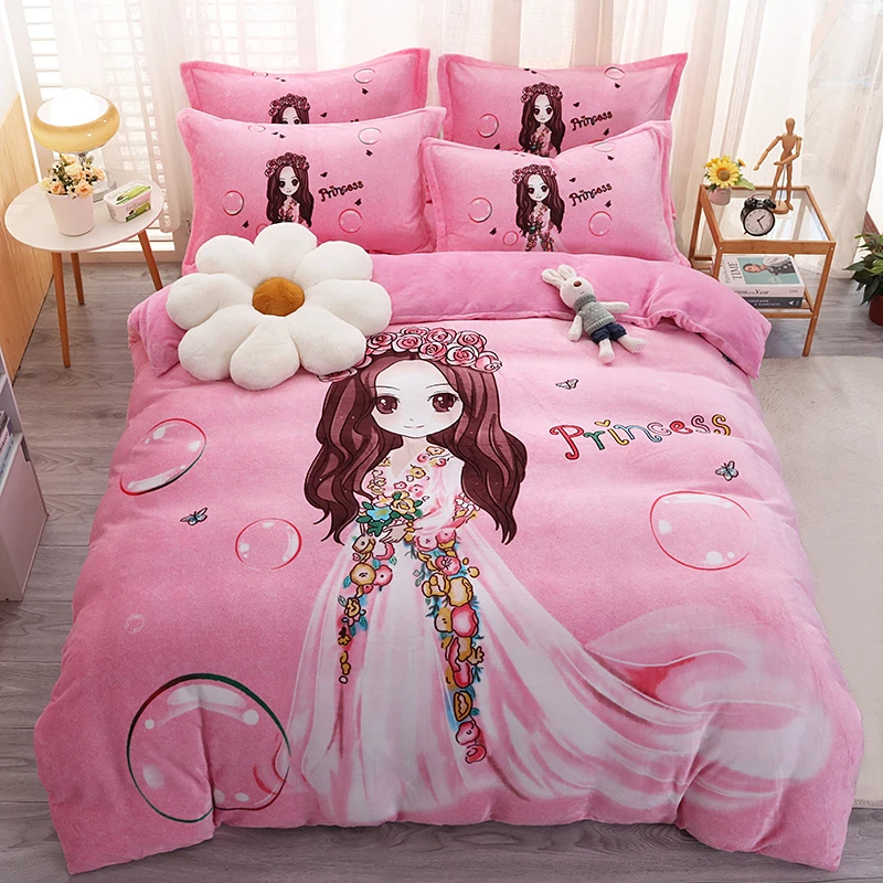 牛奶绒四件套公主女孩房间珊瑚绒床单被套三件套加厚绒被套双面绒