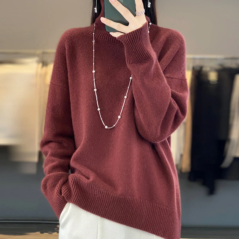 王菲同款【慵懒风】加厚100%羊毛衫高领宽松版中长款
