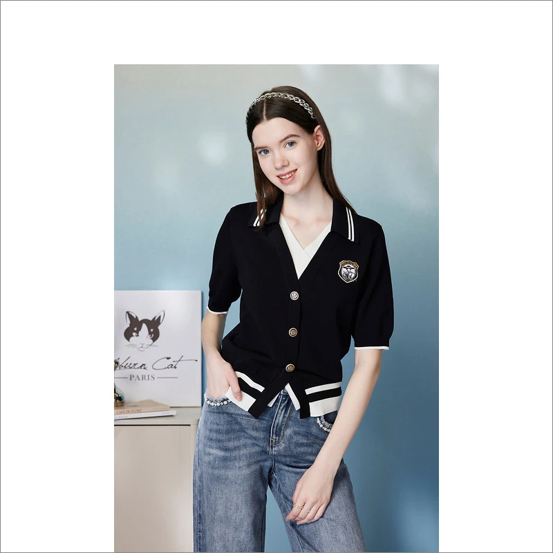 【赫本猫联名】Goodland美地女装2023夏季短袖刺绣针织衫LC64206050