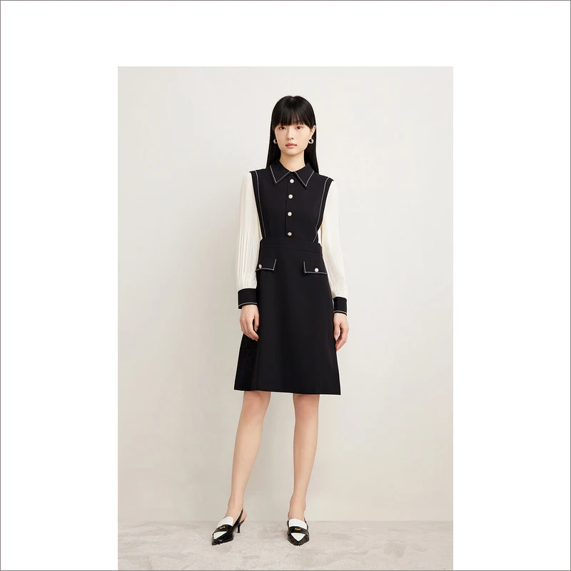 Goodland美地早秋新款气质显瘦显高拼接小香风连衣裙LC64305020