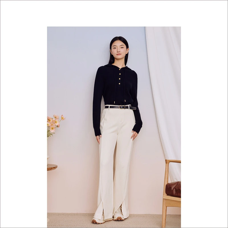 Goodland美地女装2023冬季新款竖纹理休闲裤显瘦喇叭裤LC33520060