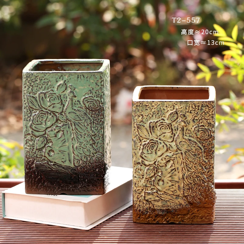 T2-557多肉花盆方口陶瓷紫砂复古乌木四方形室内简约老桩悬崖盆