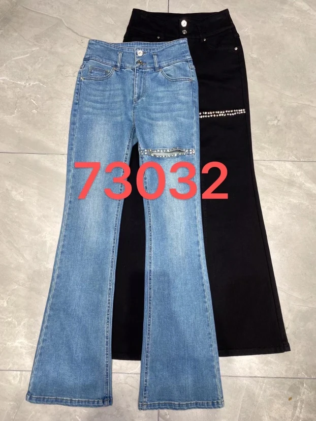 73032时尚高腰显瘦修身微喇破洞烫钻百搭牛仔裤