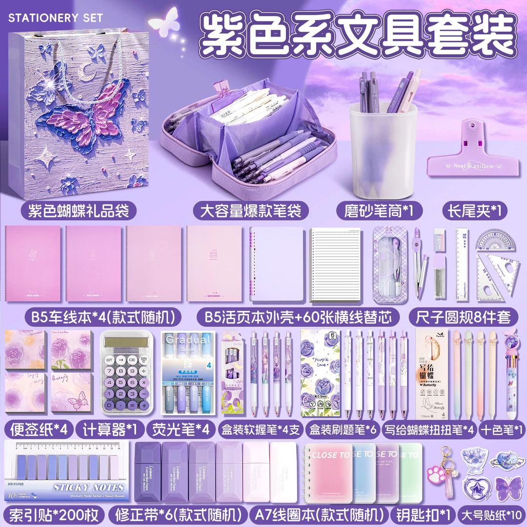 紫色系文具套装礼盒小学生开学大礼包一年级学习用品女孩笔袋贴纸