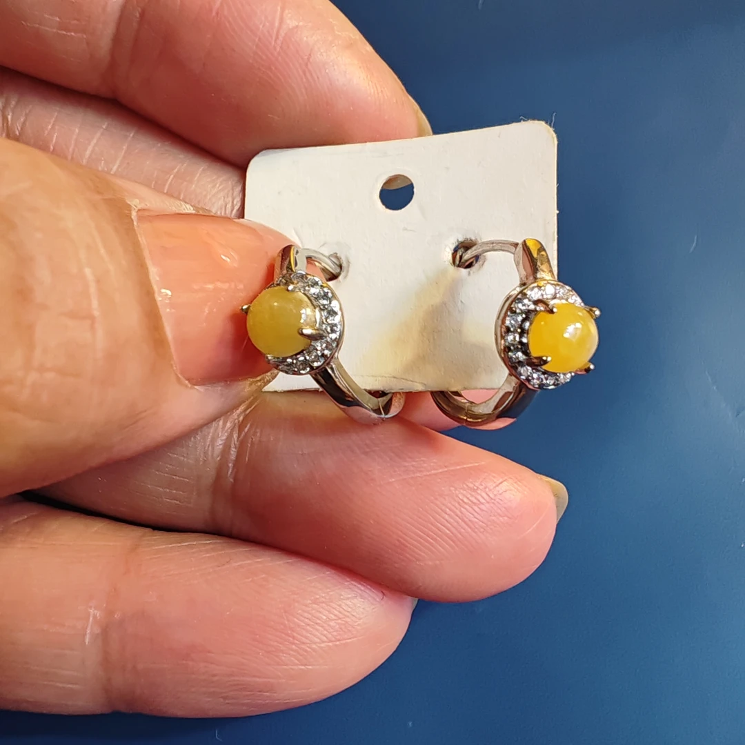 银镀金镶嵌缅料纯天然翡翠耳包，翡翠耳包饰品