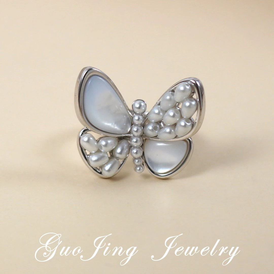 合金合成锆石戒指 【Hellen姐姐】珠珠贝贝蝴蝶气质白色优雅戒指