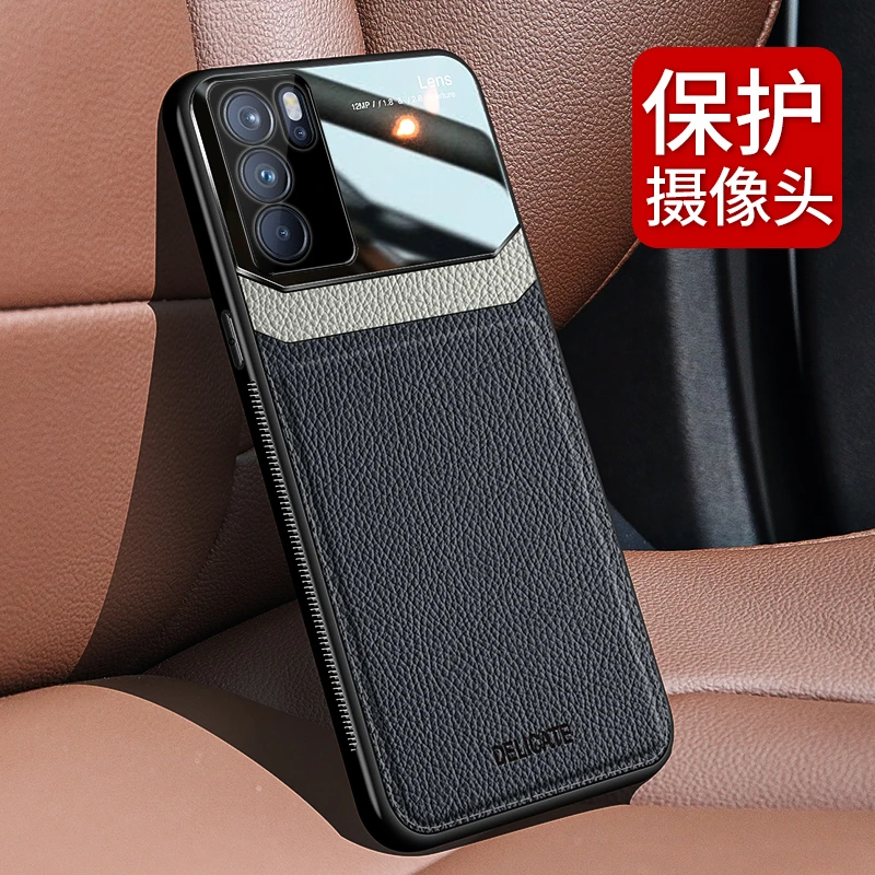 OPPOReno6pro手机壳高档镜面皮纹全包边oppo商务潮牌男新款个性Re