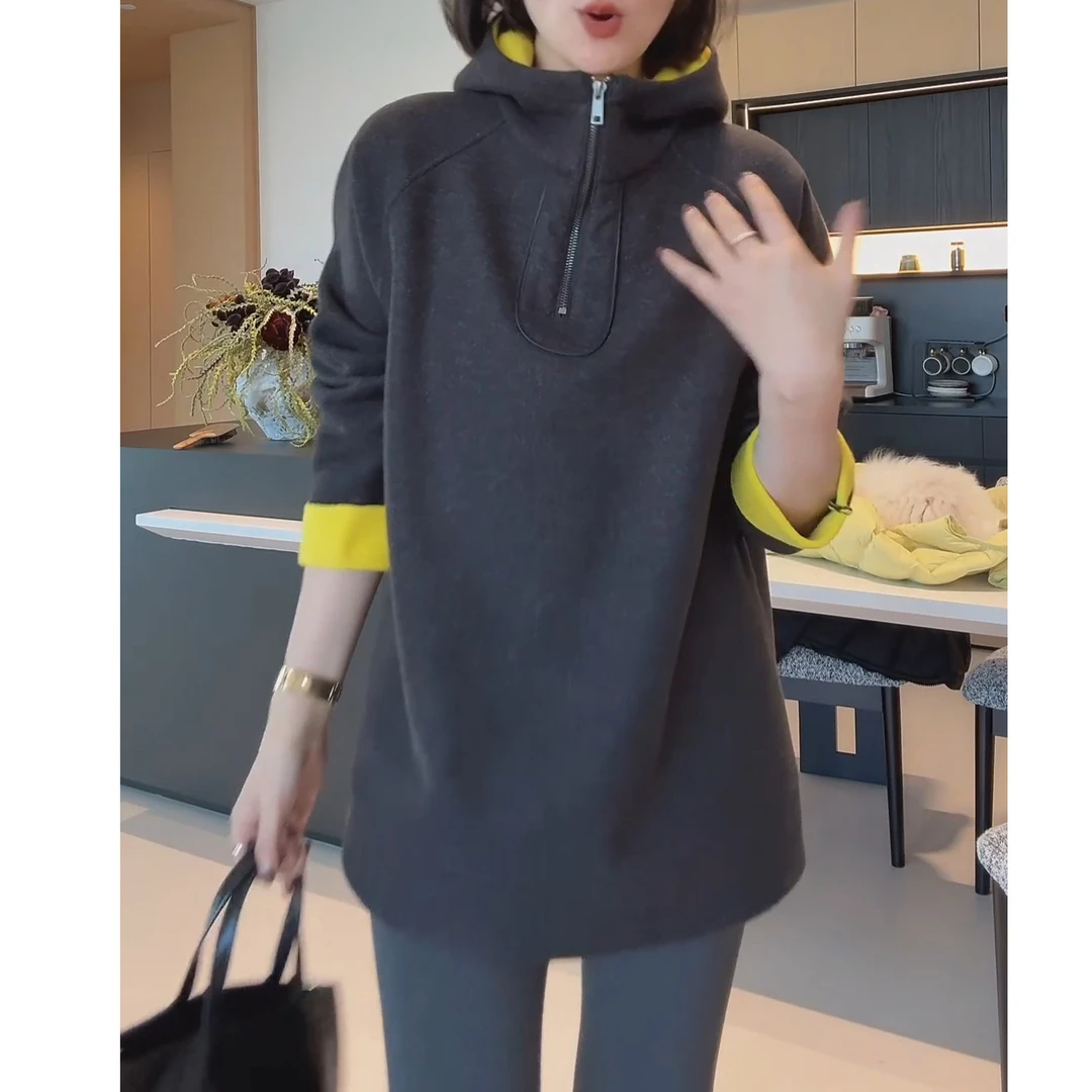 2024新款百搭加厚保暖慵懒风宽松中长款拼色连帽卫衣LK2500788