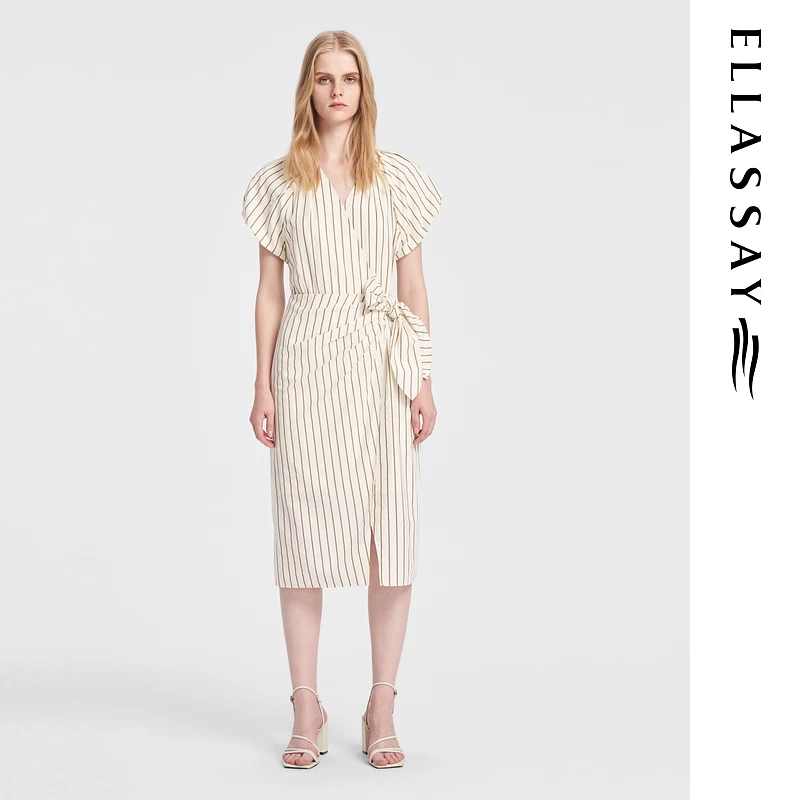 歌力思2024夏季新款时尚拼接条纹捏褶短袖连衣裙女EWB352Y05100