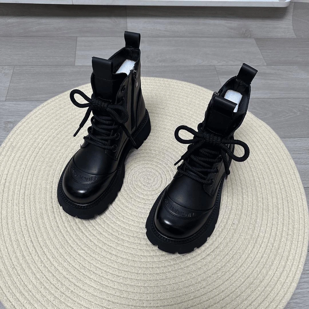 软皮厚底爆款马丁靴女2024秋冬新款轻便不累脚小个子增高气质短靴