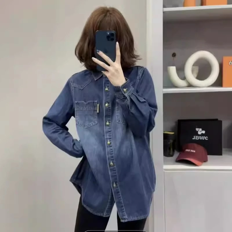 正品牛仔衬衫女2024春秋新款宽松设计感叠穿上衣休闲开衫衬衣外套