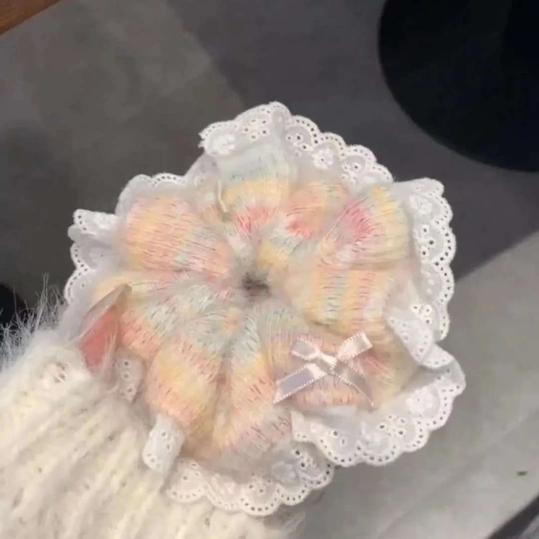 甜美少女秋冬毛绒彩色大肠法式发圈高级蕾丝毛线马尾扎头绳发饰 Z