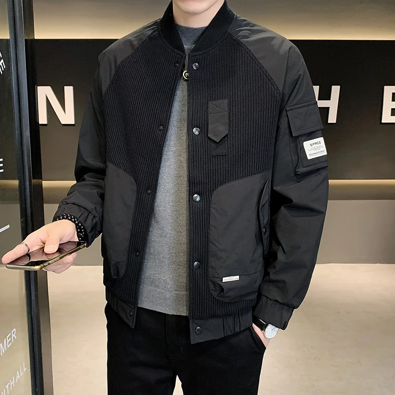 30-50岁春秋天男士韩版宽松休闲潮牌飞行员针织拼接夹克工装外套