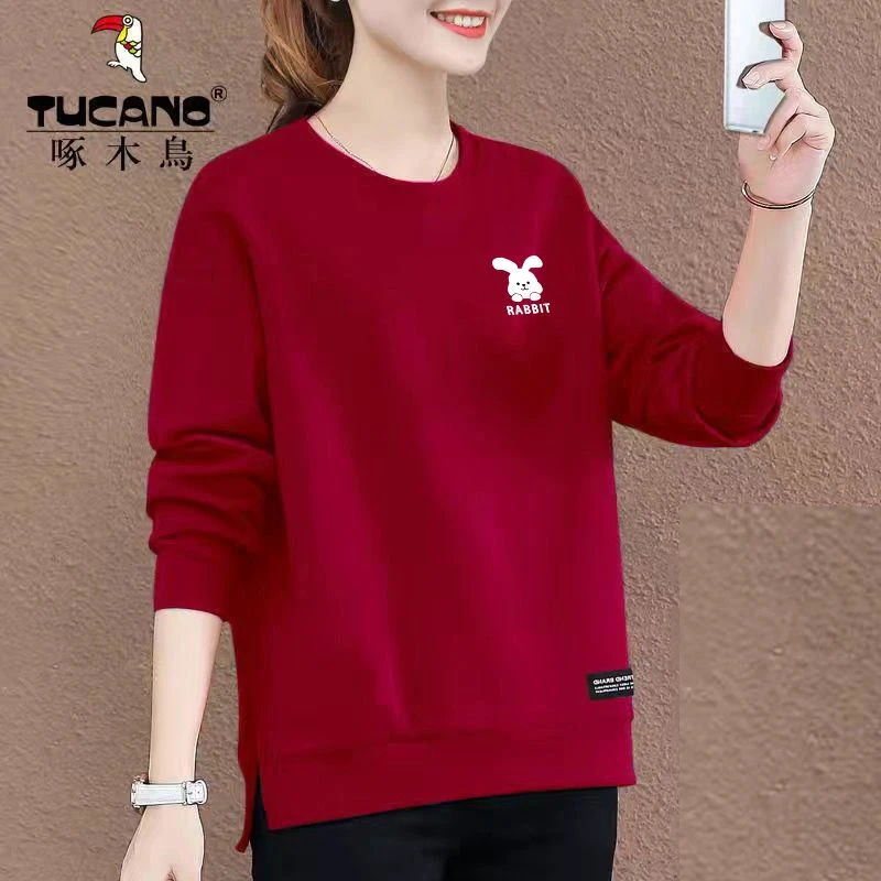 啄木鸟正品2025新款春季宽松显瘦开叉卫衣女洋气休闲百搭圆领上衣