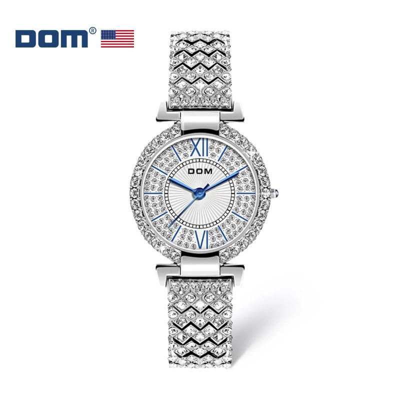 爆款DOM腕表 时尚轻奢满钻钢带石英女士手表 G-1567-QY