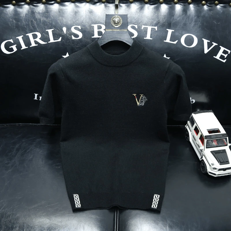 欧洲站潮牌短袖针织毛衫男士圆领时尚修身刺绣欧货半袖打底毛衣男