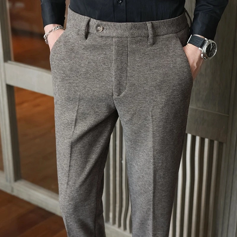 男裤高端羊毛西裤男秋冬款男士休闲裤修身直筒长裤加厚毛呢裤子男