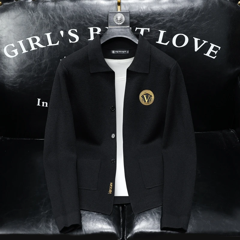 欧洲帅气站潮牌百搭修身黑色男士开衫2024秋冬新款潮男针织衫毛衣