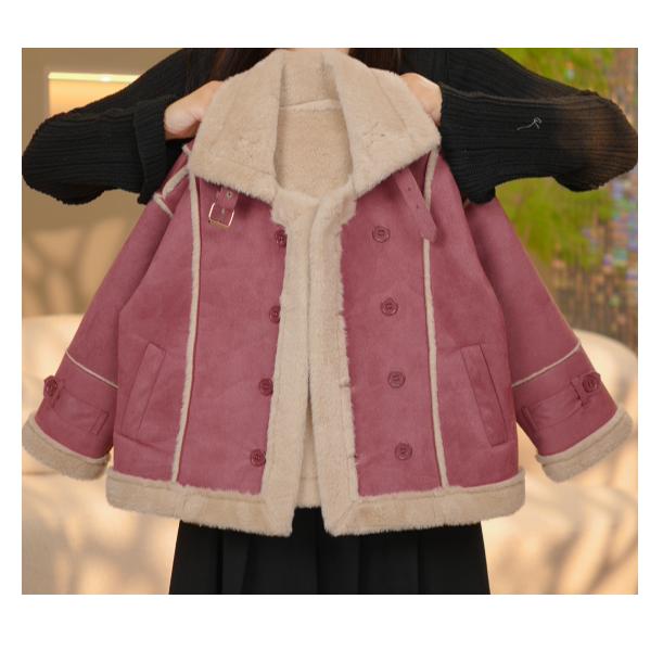 〖宝甜SWEET〗女童新款韩版加厚款翻领玫粉色加厚外套BW8010