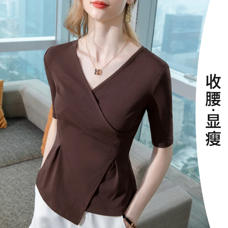 2025春秋新款不规则交叉v领中袖T恤女小众设计感洋气显瘦掐腰上衣