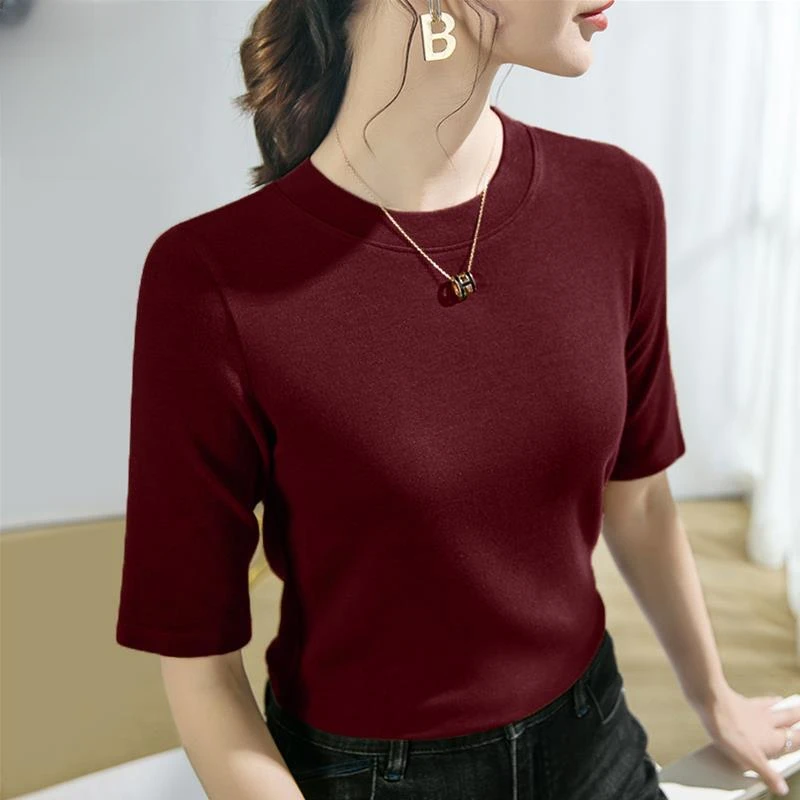 中袖t恤女内搭打底衫早秋2025年新款五分袖圆领安可拉红针织上衣