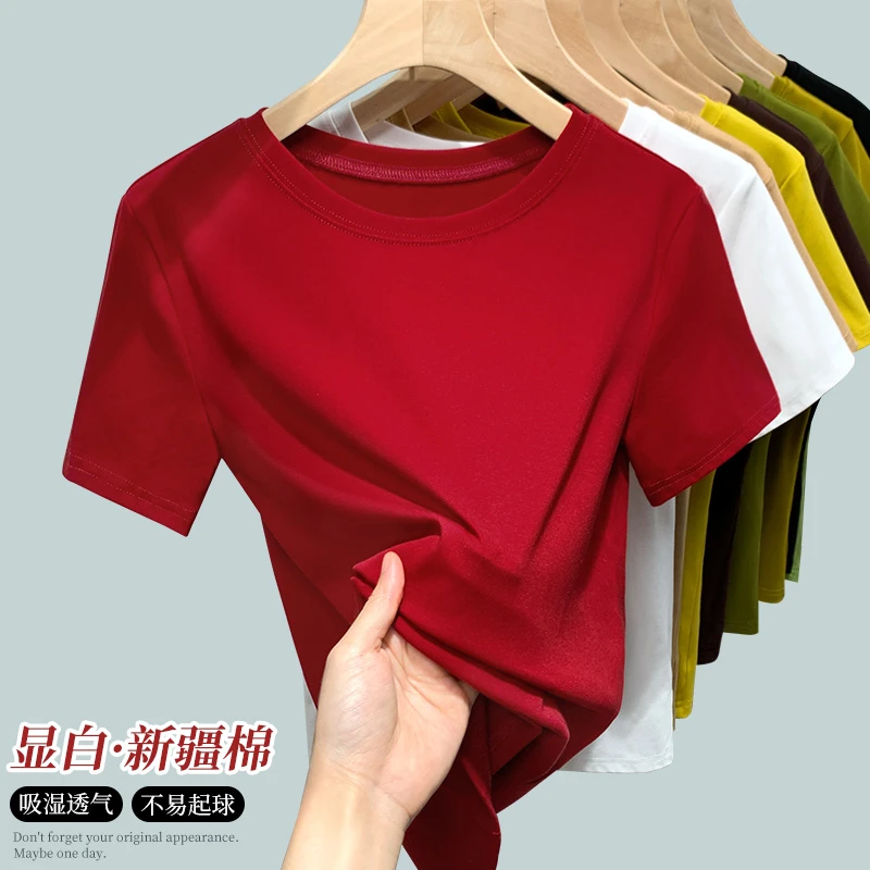 红色t恤女夏2025新款圆领正肩短袖气质高级感简单百搭显白女上衣