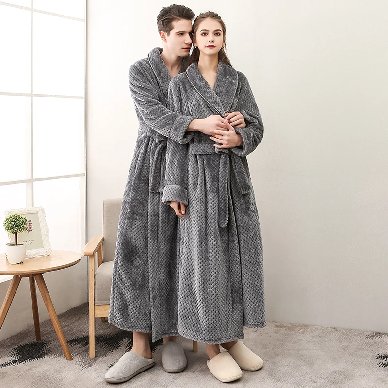 秋冬款情侣睡衣加长款法兰绒睡袍女贝贝绒浴袍男珊瑚绒加绒家居服