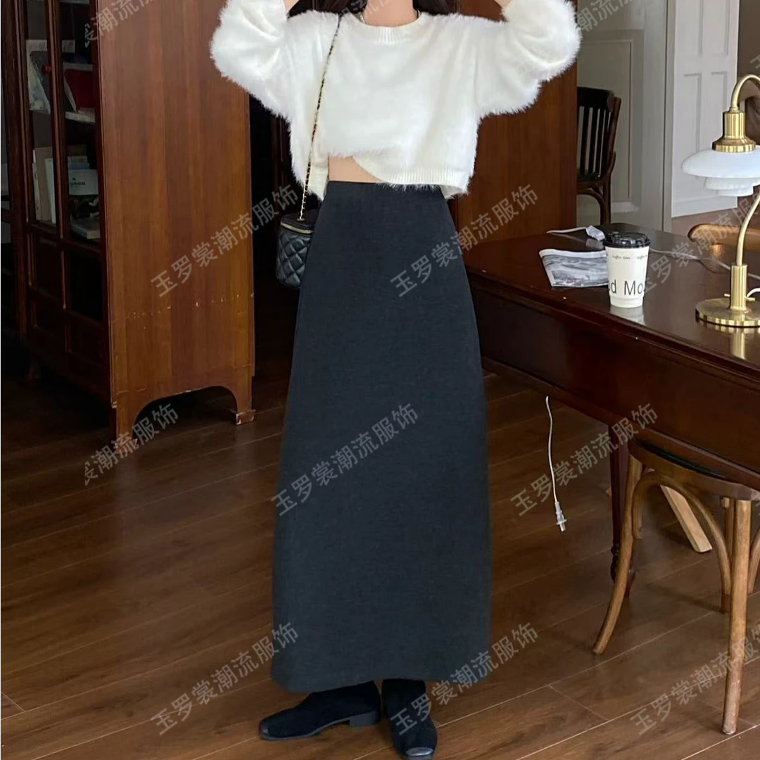 加绒加厚垂坠感高腰直筒半身裙女秋2024冬季仿羊绒软糯米长裙6101